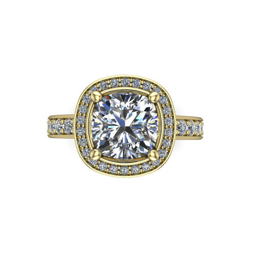 Winter cushion halo engagement ring in 18K Yellow Gold, top-down view showing the brilliant cushion-cut center diamond framed by a pave diamond halo
