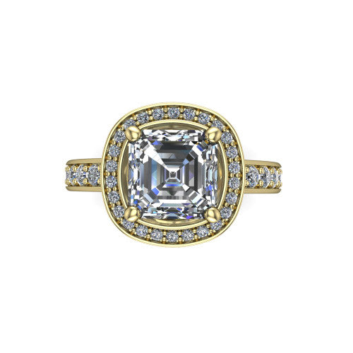 Winter square emerald halo engagement ring in 14K Yellow Gold, top-down view showing the step-cut square emerald center diamond framed by a pave diamond halo
