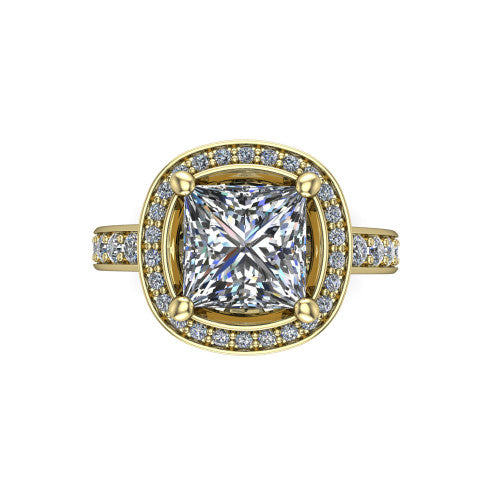 Winter princess halo engagement ring in 18K Yellow Gold, top-down view showing the brilliant princess-cut center diamond framed by a pave diamond halo