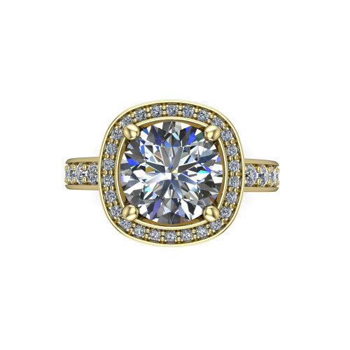 Winter round halo engagement ring in 14K Yellow Gold, top-down view showing the brilliant round center diamond framed by a pave diamond halo