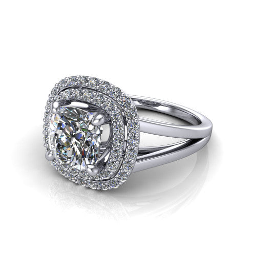 Danna cushion double halo engagement ring in 18K White Gold, three-quarter perspective showing the cushion center diamond in a double pave halo above a split-shank band