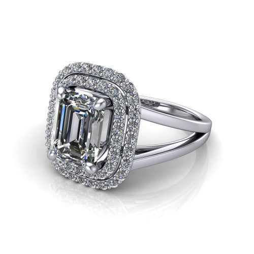 Danna emerald double halo engagement ring in 14K White Gold, three-quarter perspective showing the emerald center diamond in a double pave halo above a split-shank band