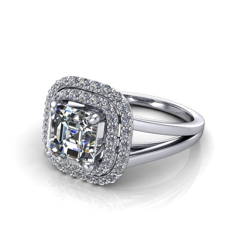 Danna square emerald double halo engagement ring in 14K White Gold, three-quarter perspective showing the square emerald center diamond in a double pave halo above a split-shank band