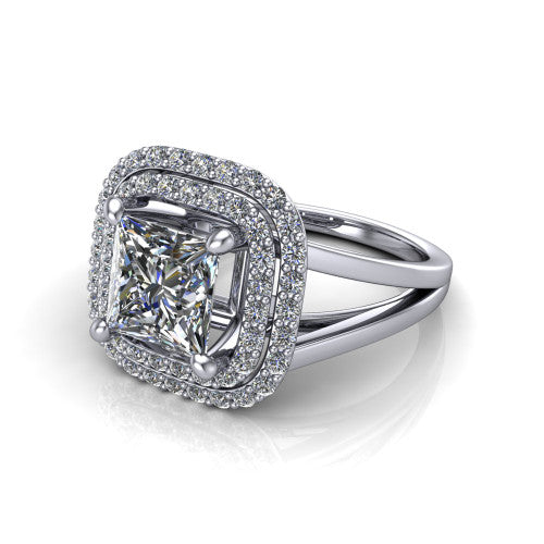 Danna princess double halo engagement ring in Platinum, three-quarter perspective showing the princess center diamond in a double pave halo above a split-shank band