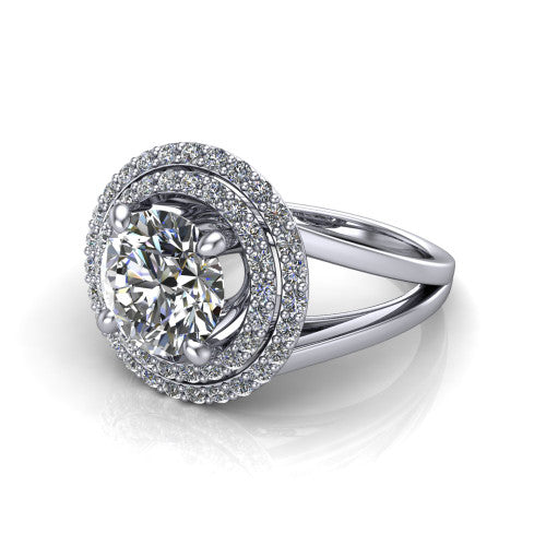 Danna round double halo engagement ring in 18K White Gold, three-quarter perspective showing the round center diamond in a double pave halo above a split-shank band