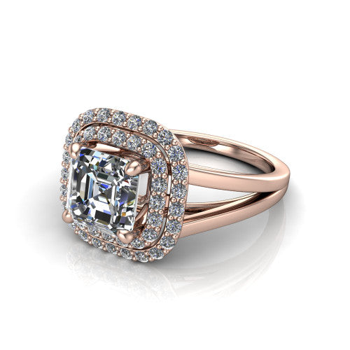 Danna square emerald double halo engagement ring in 14K Rose Gold, three-quarter perspective showing the square emerald center diamond in a double pave halo above a split-shank band