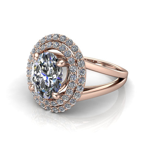 Danna oval double halo engagement ring in 14K Rose Gold, three-quarter perspective showing the oval center diamond in a double pave halo above a split-shank band