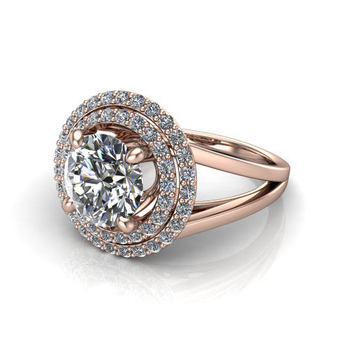Danna round double halo engagement ring in 18K Rose Gold, three-quarter perspective showing the round center diamond in a double pave halo above a split-shank band