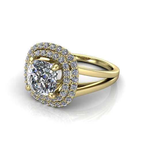 Danna cushion double halo engagement ring in 18K Yellow Gold, three-quarter perspective showing the cushion center diamond in a double pave halo above a split-shank band