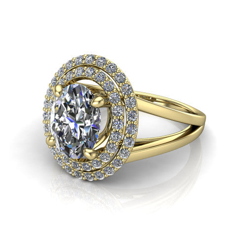 Danna oval double halo engagement ring in 18K Yellow Gold, three-quarter perspective showing the oval center diamond in a double pave halo above a split-shank band