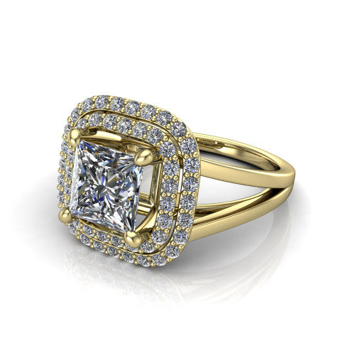Danna princess double halo engagement ring in 14K Yellow Gold, three-quarter perspective showing the princess center diamond in a double pave halo above a split-shank band