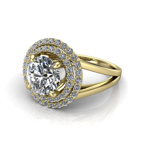 Danna round double halo engagement ring in 14K Yellow Gold, three-quarter perspective showing the round center diamond in a double pave halo above a split-shank band