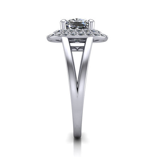 Danna cushion double halo engagement ring in 14K White Gold, side profile showing the double halo and split-shank band