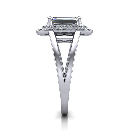 Danna emerald double halo engagement ring in 18K White Gold, side profile showing the double halo and split-shank band