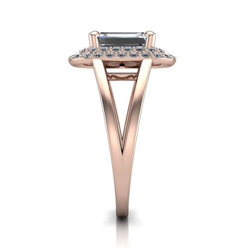 Danna emerald double halo engagement ring in 18K Rose Gold, side profile showing the double halo and split-shank band