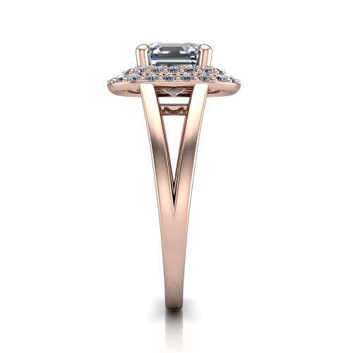 Danna square emerald double halo engagement ring in 14K Rose Gold, side profile showing the double halo and split-shank band