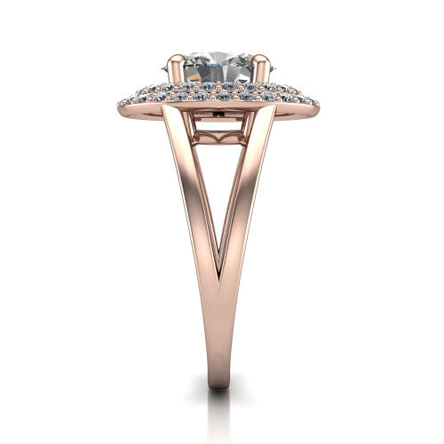 Danna oval double halo engagement ring in 18K Rose Gold, side profile showing the double halo and split-shank band