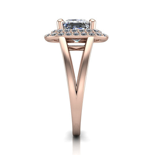 Danna princess double halo engagement ring in 14K Rose Gold, side profile showing the double halo and split-shank band