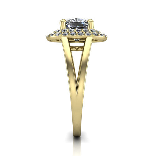 Danna cushion double halo engagement ring in 18K Yellow Gold, side profile showing the double halo and split-shank band
