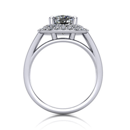 Danna cushion double halo engagement ring in 18K White Gold, through-finger front profile showing the polished split-shank band