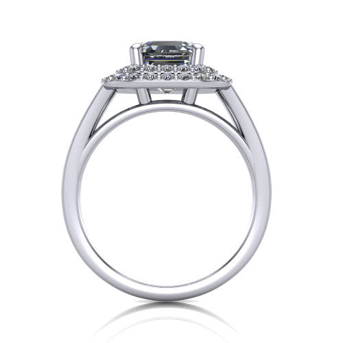 Danna square emerald double halo engagement ring in 18K White Gold, through-finger front profile showing the polished split-shank band