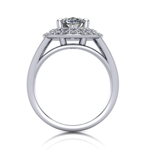 Danna oval double halo engagement ring in 14K White Gold, through-finger front profile showing the polished split-shank band