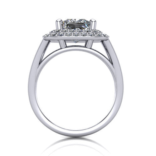 Danna princess double halo engagement ring in 14K White Gold, through-finger front profile showing the polished split-shank band