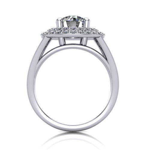 Danna round double halo engagement ring in Platinum, through-finger front profile showing the polished split-shank band