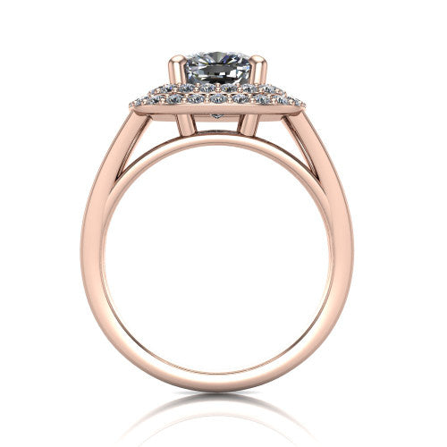 Danna cushion double halo engagement ring in 18K Rose Gold, through-finger front profile showing the polished split-shank band