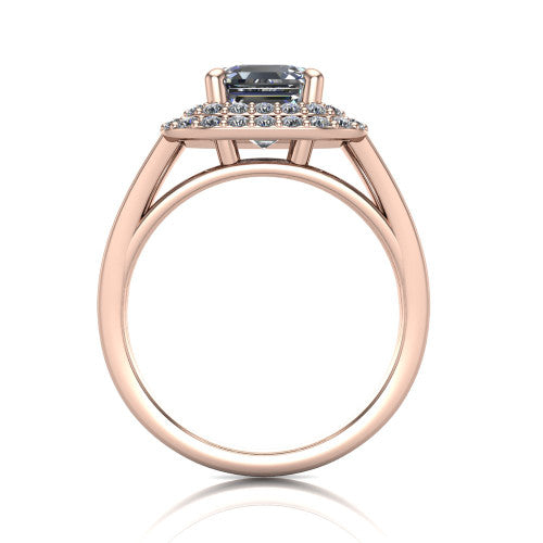 Danna square emerald double halo engagement ring in 18K Rose Gold, through-finger front profile showing the polished split-shank band