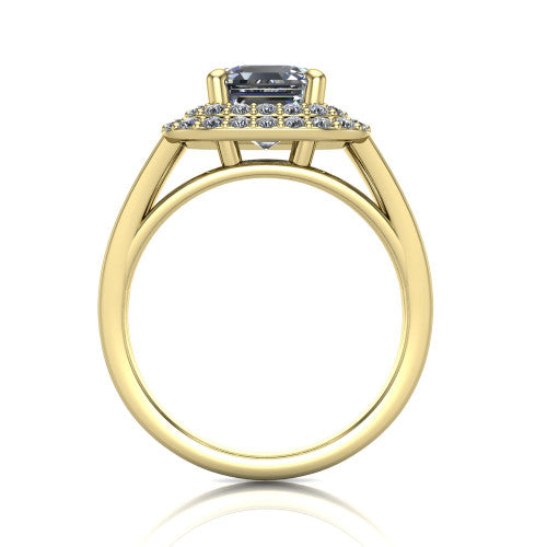 Danna square emerald double halo engagement ring in 18K Yellow Gold, through-finger front profile showing the polished split-shank band