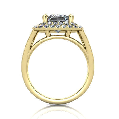 Danna princess double halo engagement ring in 14K Yellow Gold, through-finger front profile showing the polished split-shank band