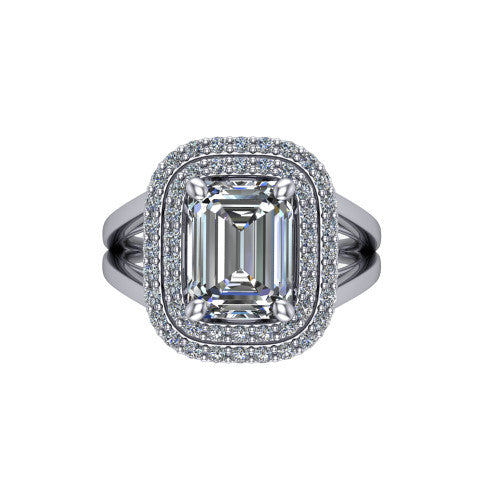 Danna emerald double halo engagement ring in 18K White Gold, top-down view showing the emerald center diamond framed by two pave halos