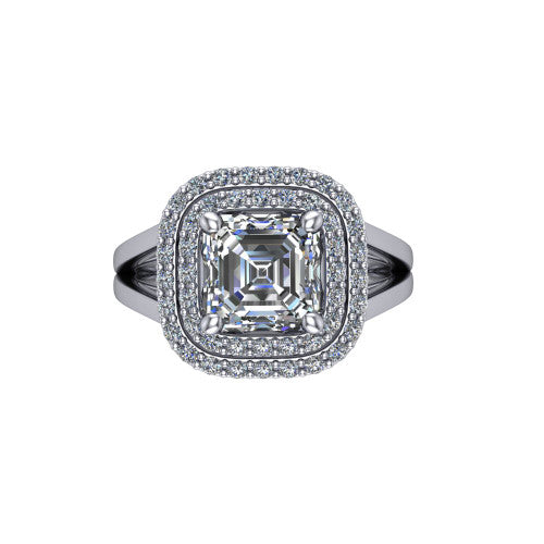 Danna square emerald double halo engagement ring in Platinum, top-down view showing the square emerald center diamond framed by two pave halos