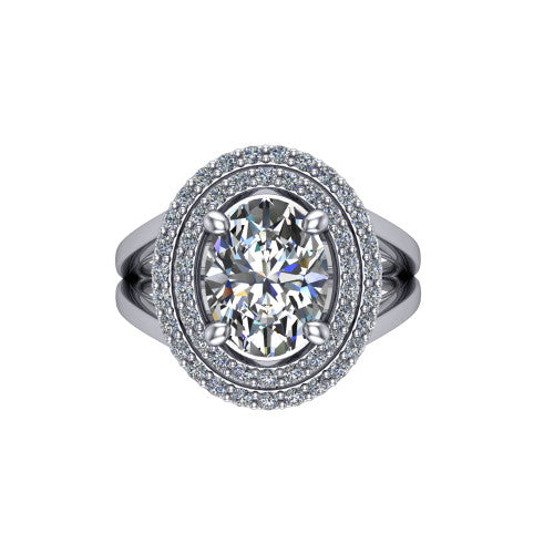 Danna oval double halo engagement ring in Platinum, top-down view showing the oval center diamond framed by two pave halos