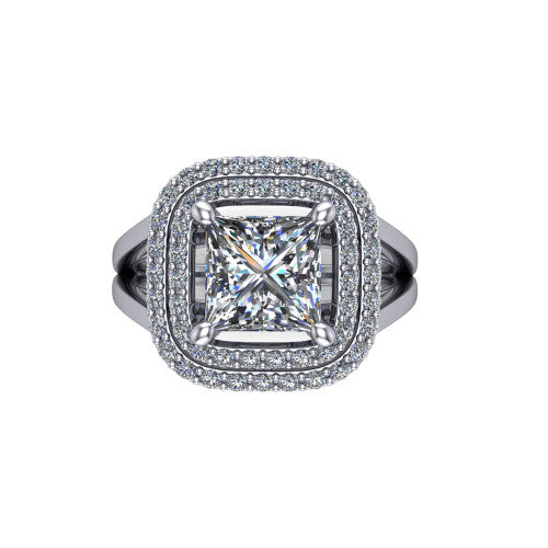 Danna princess double halo engagement ring in Platinum, top-down view showing the princess center diamond framed by two pave halos