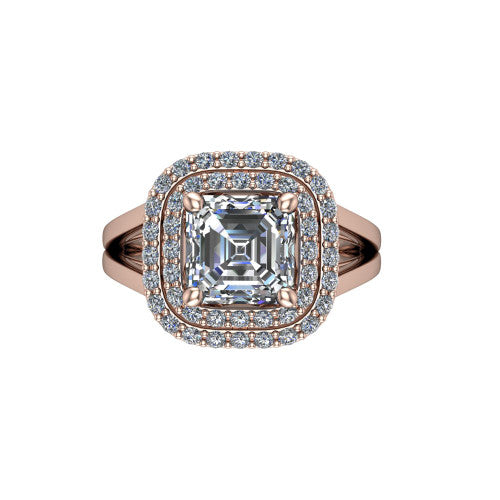 Danna square emerald double halo engagement ring in 14K Rose Gold, top-down view showing the square emerald center diamond framed by two pave halos