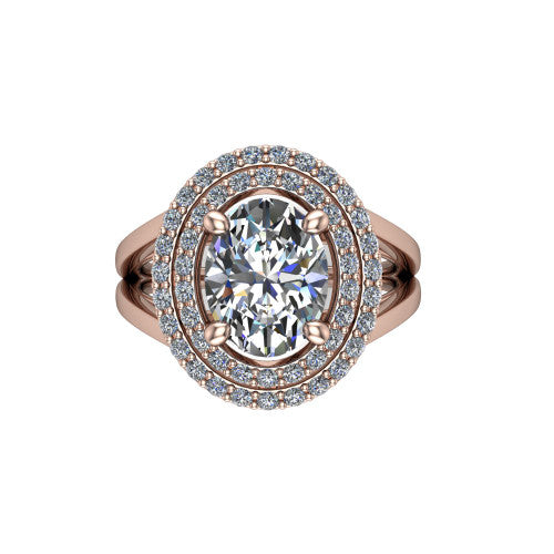 Danna oval double halo engagement ring in 14K Rose Gold, top-down view showing the oval center diamond framed by two pave halos