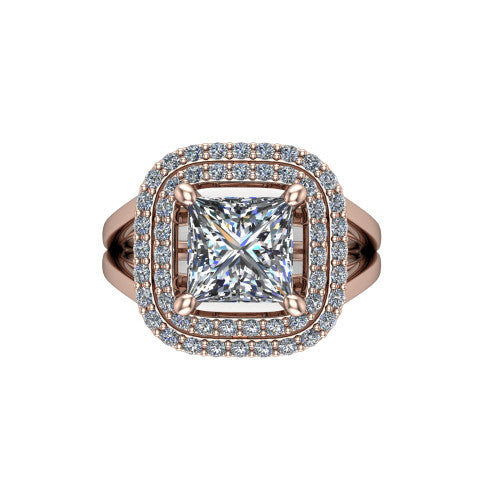 Danna princess double halo engagement ring in 14K Rose Gold, top-down view showing the princess center diamond framed by two pave halos