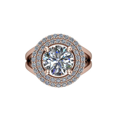 Danna round double halo engagement ring in 14K Rose Gold, top-down view showing the round center diamond framed by two pave halos
