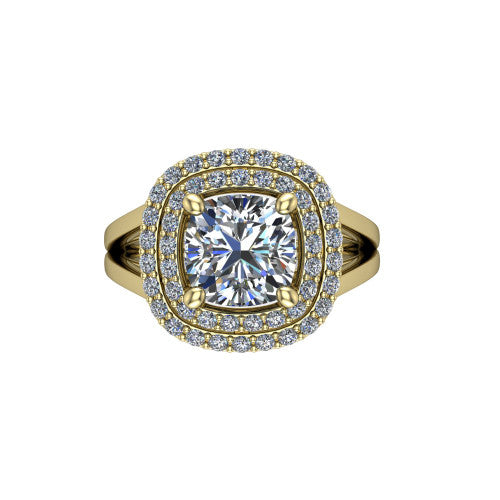 Danna cushion double halo engagement ring in 14K Yellow Gold, top-down view showing the cushion center diamond framed by two pave halos