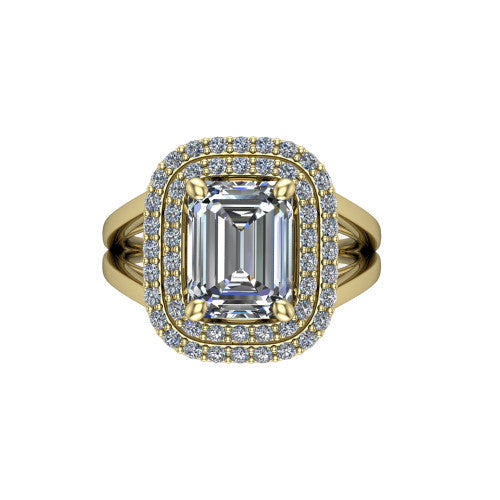 Danna emerald double halo engagement ring in 18K Yellow Gold, top-down view showing the emerald center diamond framed by two pave halos