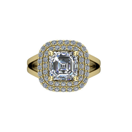 Danna square emerald double halo engagement ring in 14K Yellow Gold, top-down view showing the square emerald center diamond framed by two pave halos