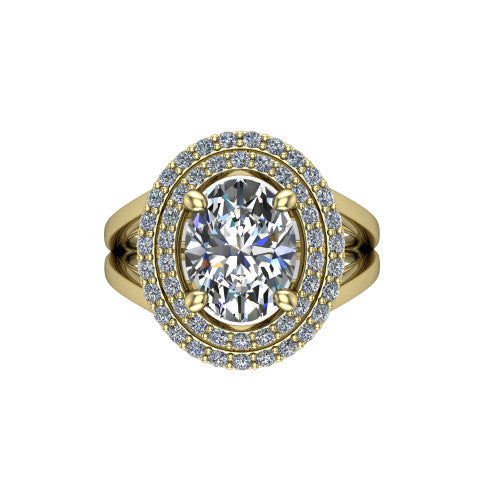 Danna oval double halo engagement ring in 18K Yellow Gold, top-down view showing the oval center diamond framed by two pave halos