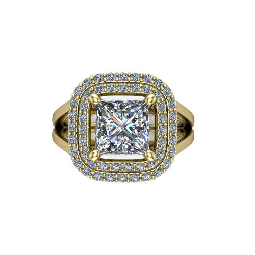 Danna princess double halo engagement ring in 14K Yellow Gold, top-down view showing the princess center diamond framed by two pave halos