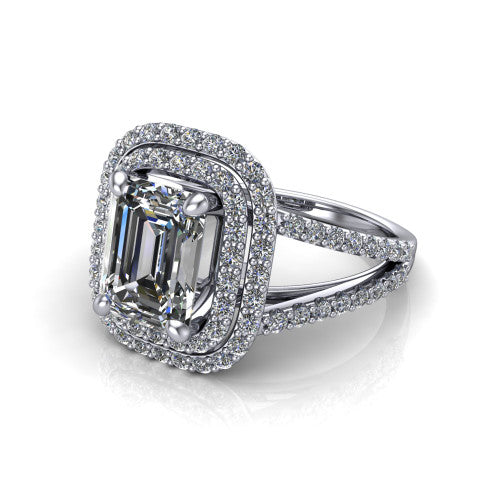 Brynn emerald double halo engagement ring in Platinum, three-quarter perspective showing the emerald center diamond in a double pave halo above a split-shank band