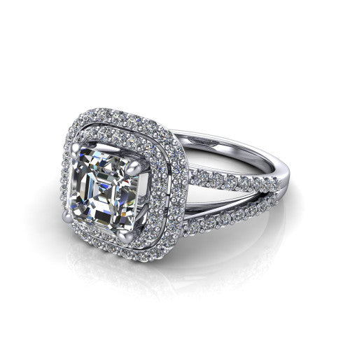 Brynn square emerald double halo engagement ring in 14K White Gold, three-quarter perspective showing the square emerald center diamond in a double pave halo above a split-shank band