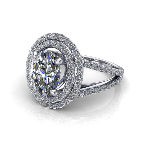 Brynn oval double halo engagement ring in 14K White Gold, three-quarter perspective showing the oval center diamond in a double pave halo above a split-shank band