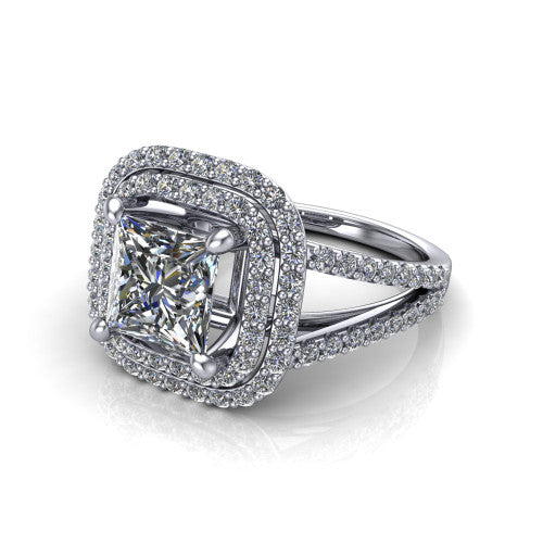 Brynn princess double halo engagement ring in 18K White Gold, three-quarter perspective showing the princess center diamond in a double pave halo above a split-shank band