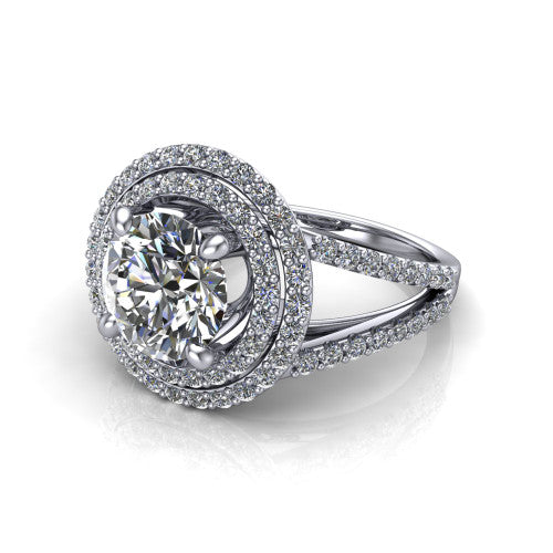 Brynn round double halo engagement ring in 18K White Gold, three-quarter perspective showing the round center diamond in a double pave halo above a split-shank band